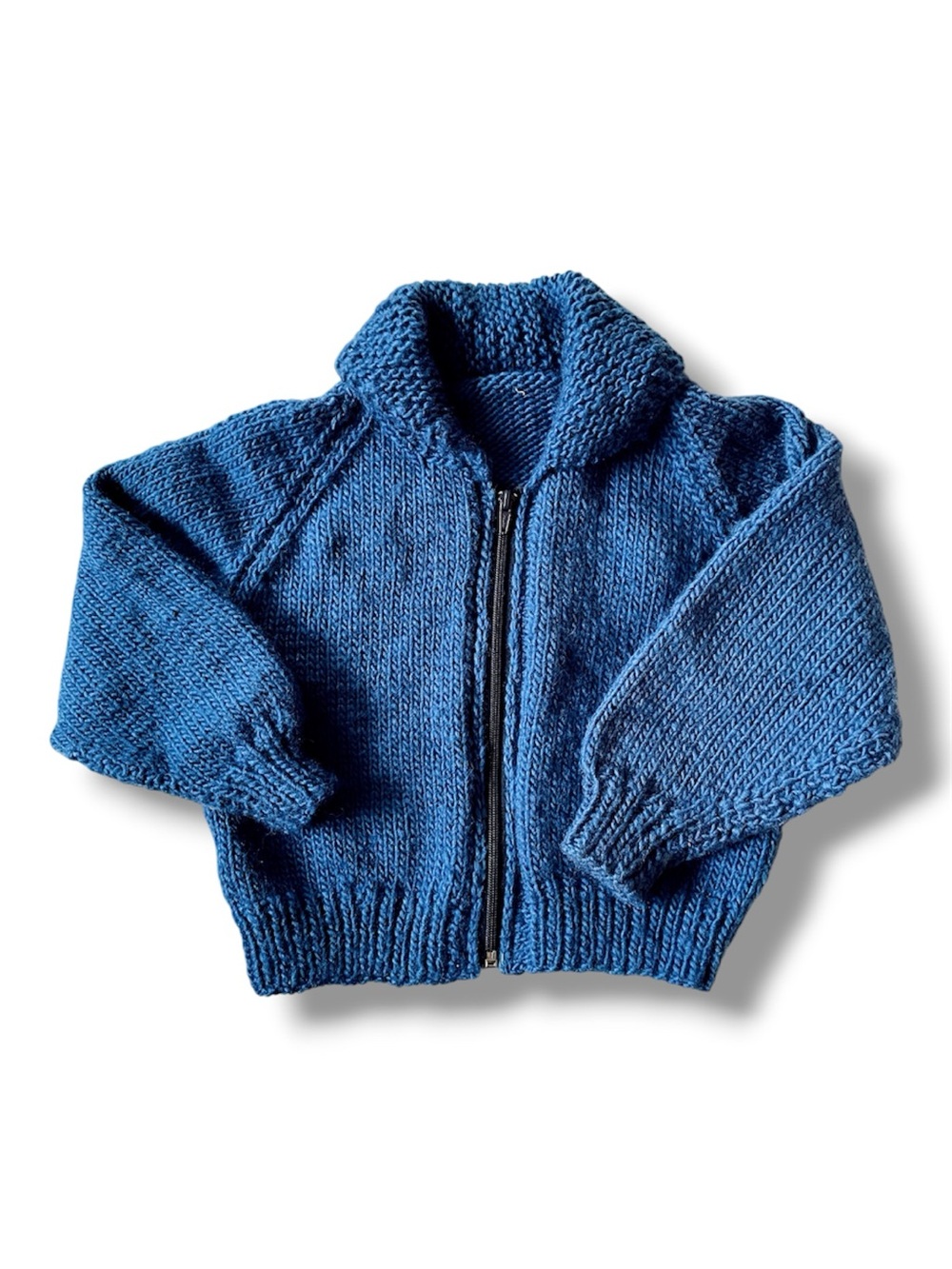HANDMADE MERINO WOOL Hand Knit Sweater Raglan Zip Blue Top Jacket Sweatshirt